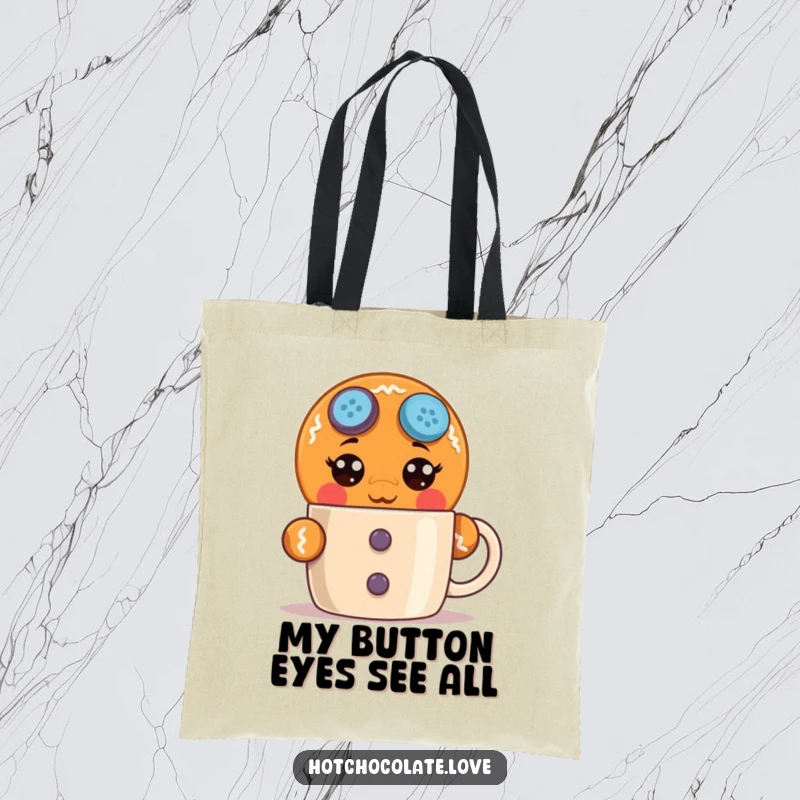 Funny surprised gingerbread man tote bag with wide button eyes peeking over, perfect for humorous shopping trips and daily use.