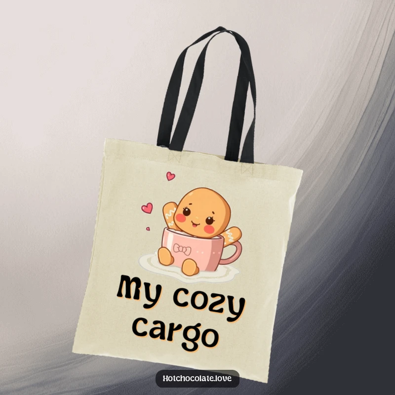 Funny gingerbread person blissfully swimming in a mug of hot chocolate, printed on a stylish tote bag.