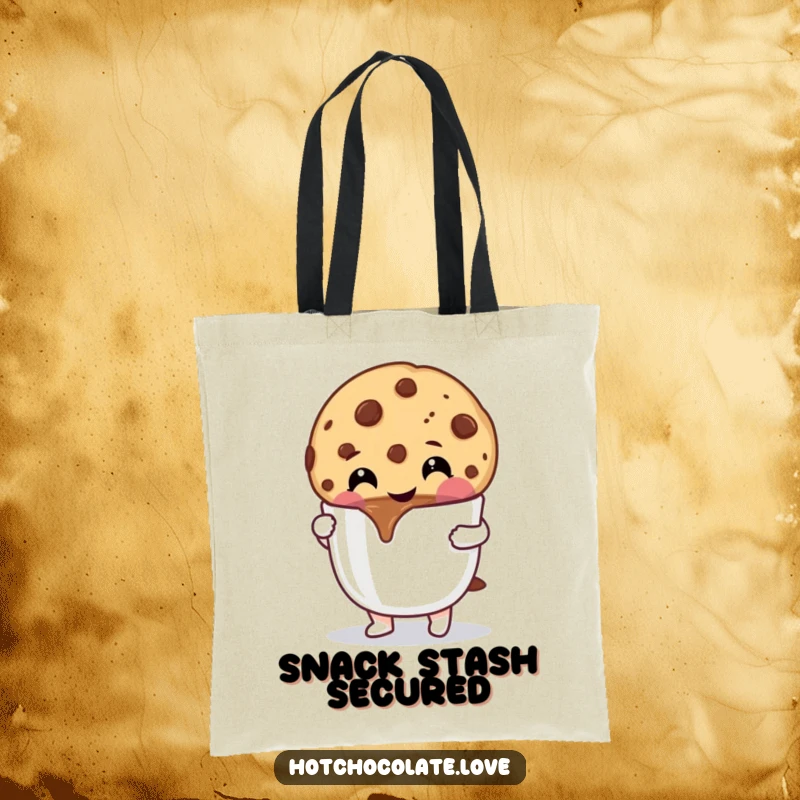 Funny Cookie Tote Bag: A cheerful chocolate chip cookie happily dipping into hot chocolate, perfect for carrying daily treats.